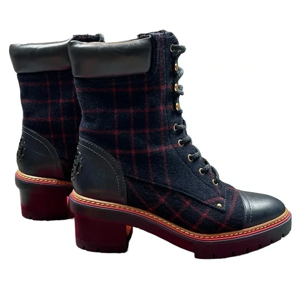 Tory Burch Womens Boots Miller 60MM Checked Wool Calf Leather Navy Size 8